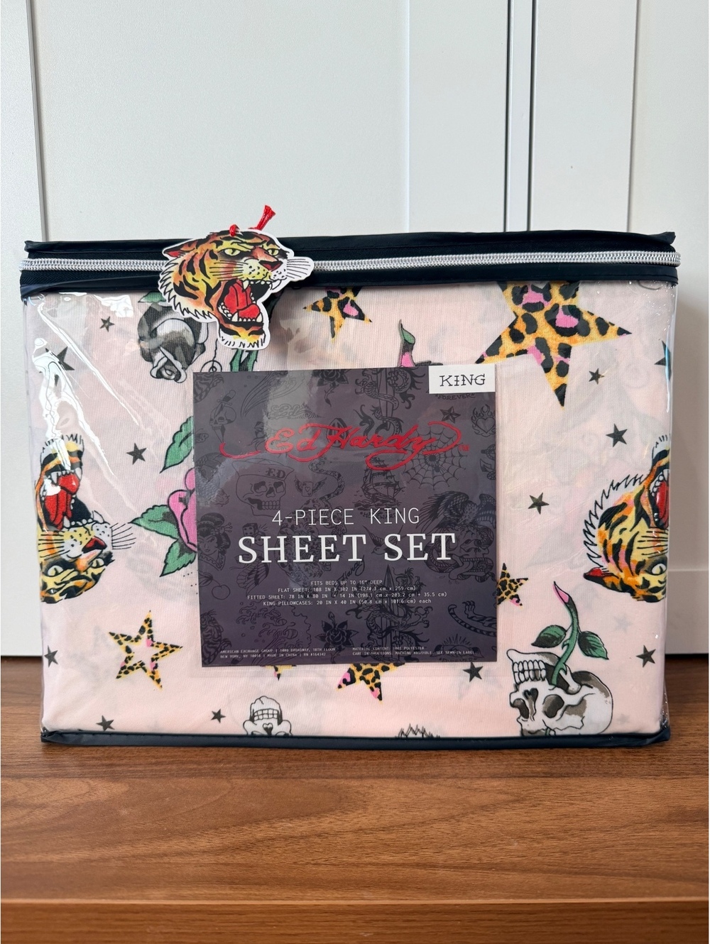 Ed Hardy 4-Piece King Sheet Set Pink Tattoo Print